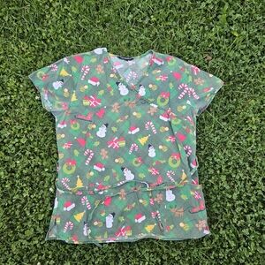 Christmas all over print with Plaid in the back Scrub Top